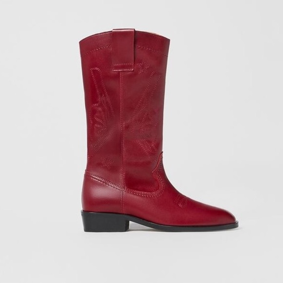 NWT. Zara Kids Red Decorative Embroidery Cowboy-Style Boots. Size 7.